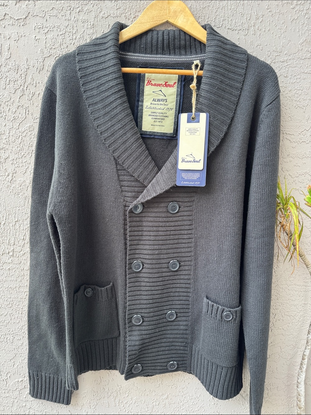 Brave Soul Men's Charcoal Double-Breasted Shawl Collar Cardigan NWT